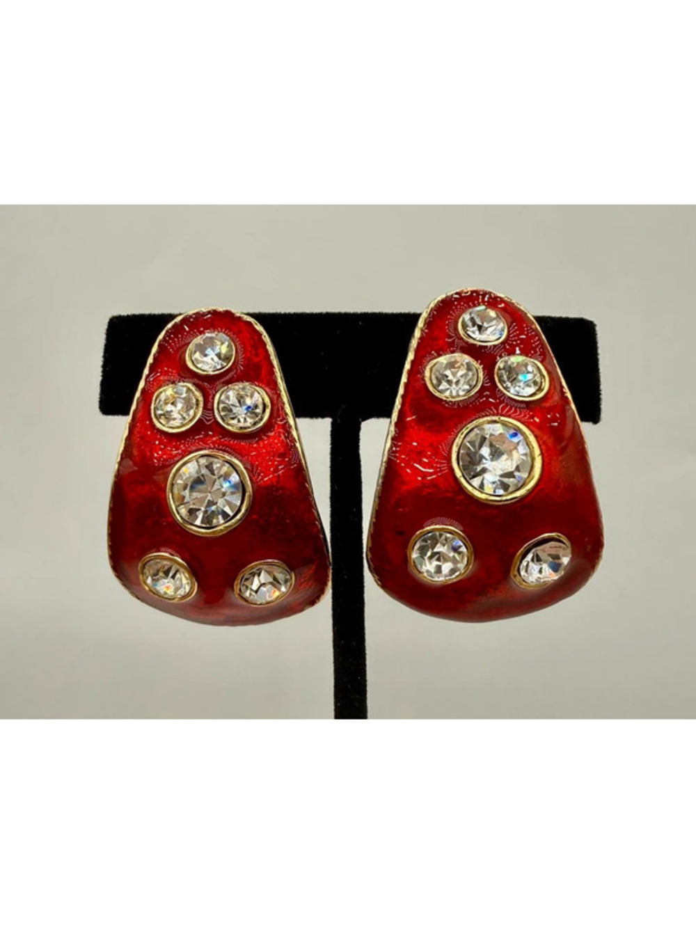Vintage Red Enamel Rhinestone Clip On Earrings